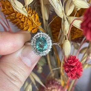 Lagoon Apatite and Diamond Double Halo Ring